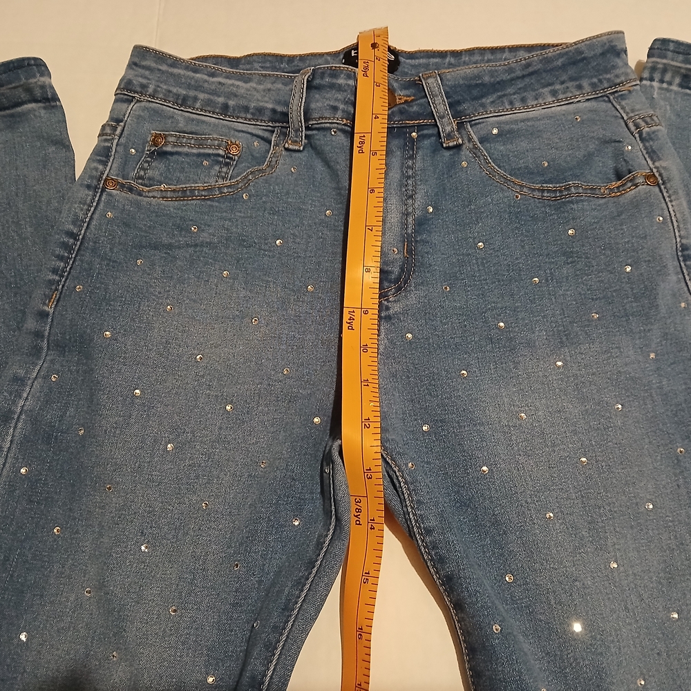 Bebe Woman's Straight Leg Mid Rise Jeans Rhinestone Size 27 Blue Denim Jeans #5A - Picture 7 of 16